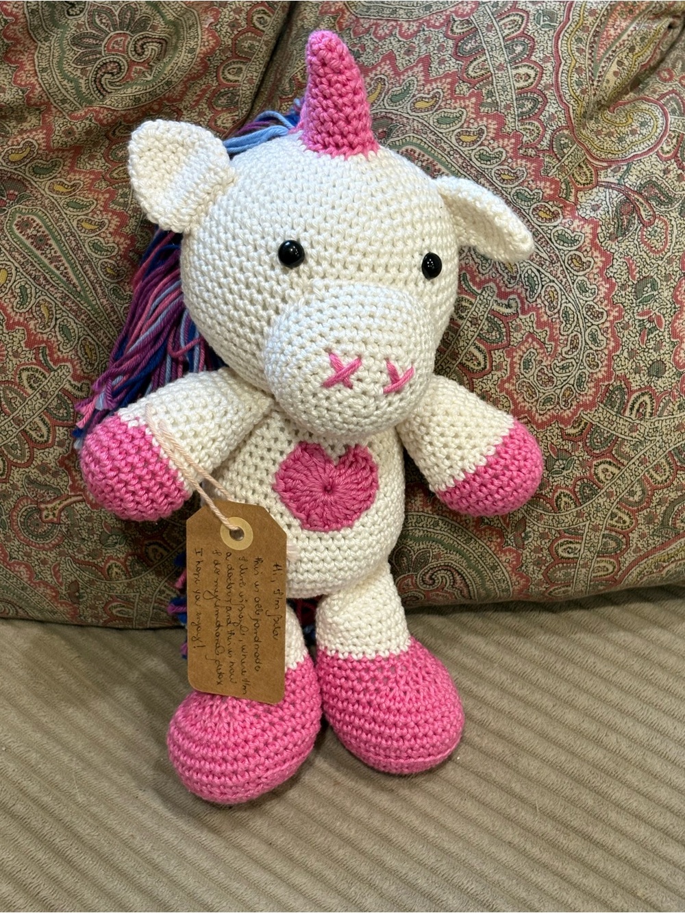 NEW Handmade in Brazil Crochet Unicorn Plush Stuffed Animal Toy White pink